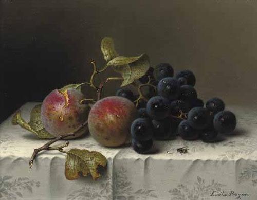 Johann Wilhelm Preyer Prunes and grapes on a damast tablecloth Germany oil painting art